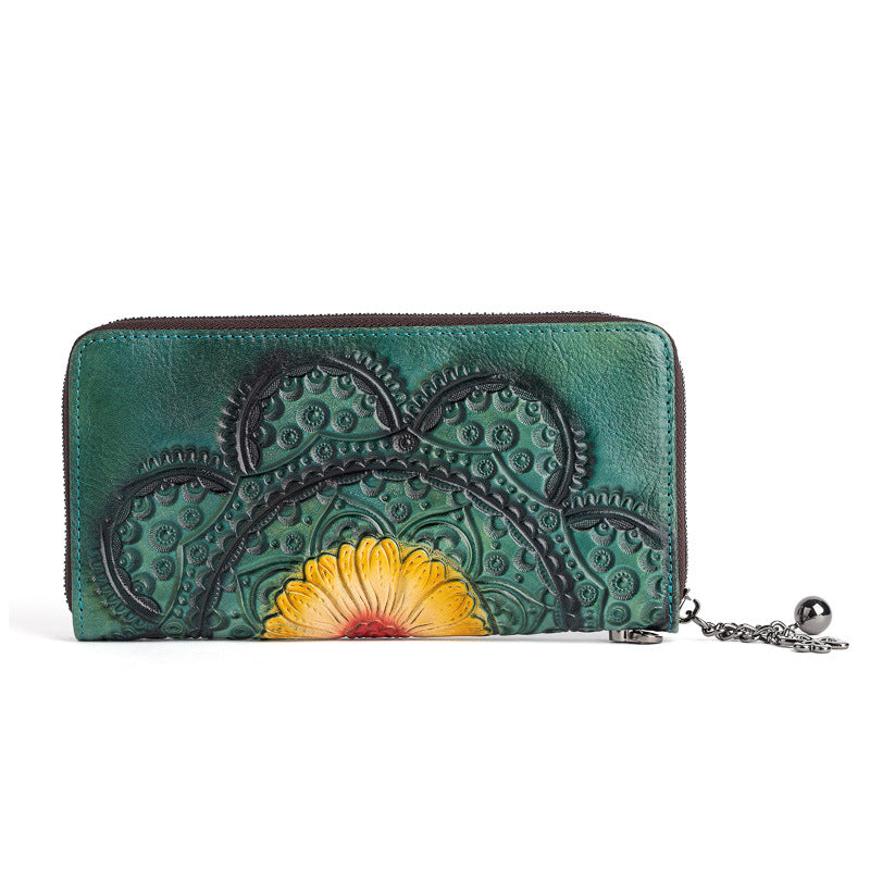 Front view of blue-green floral wallet with zip-around edge