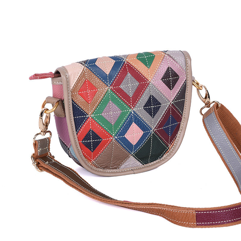 Rear angle of the cowhide patchwork crossbody bag