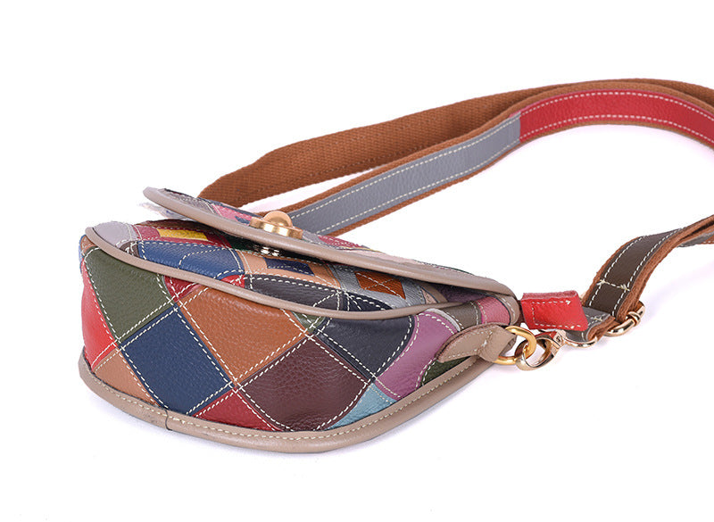 Straight-on view of the small patchwork crossbody purse