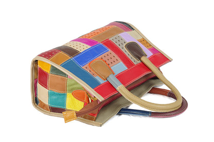 Angled overhead view of the patchwork handbag