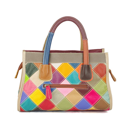 Reverse side of the colorful patchwork leather shoulder bag