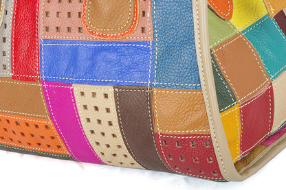 Detail of colorful cowhide panels and contrast stitching