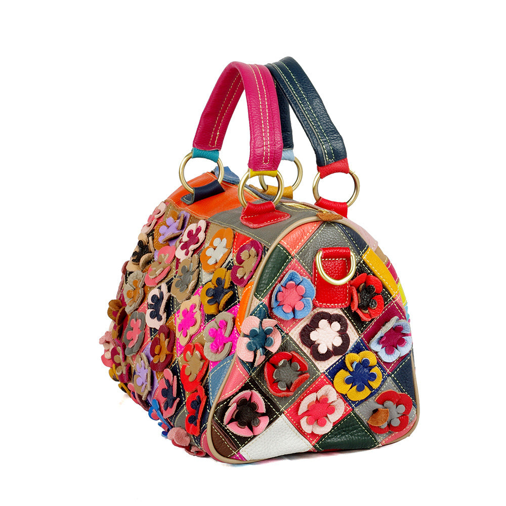 Side view of colorful leather flower patchwork bag