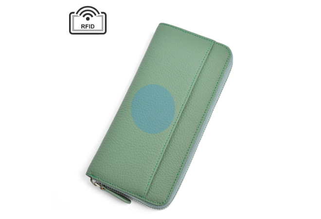 Green wallet with a blue circular graphic overlay