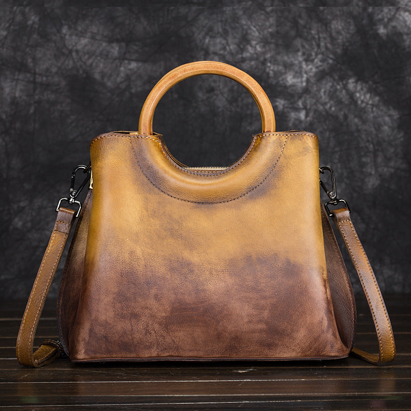 Top-Grain Cowhide Small Plus Top-Handle Crossbody Bag in Vintage Coffee and Yellow