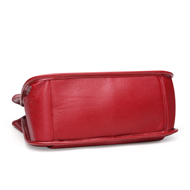 Bottom view of wine red leather tote bag