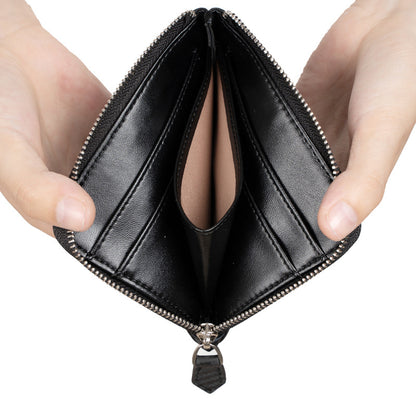 Black leather short wallet opened to show eight card slots and bill pockets