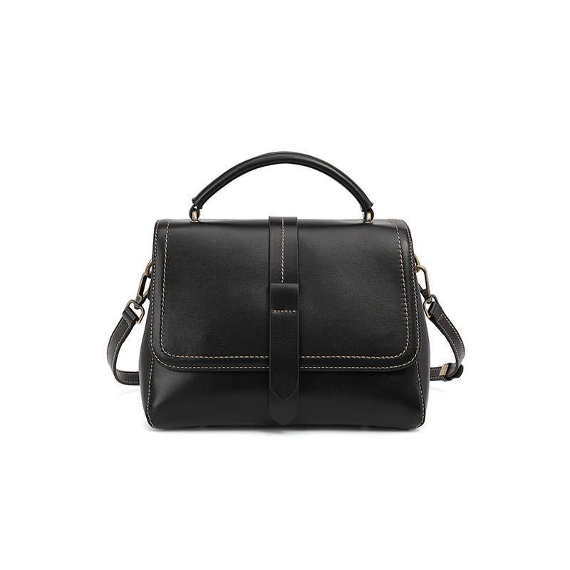 Cowhide Leather Small Boston Crossbody Bag with Top Handle in Black