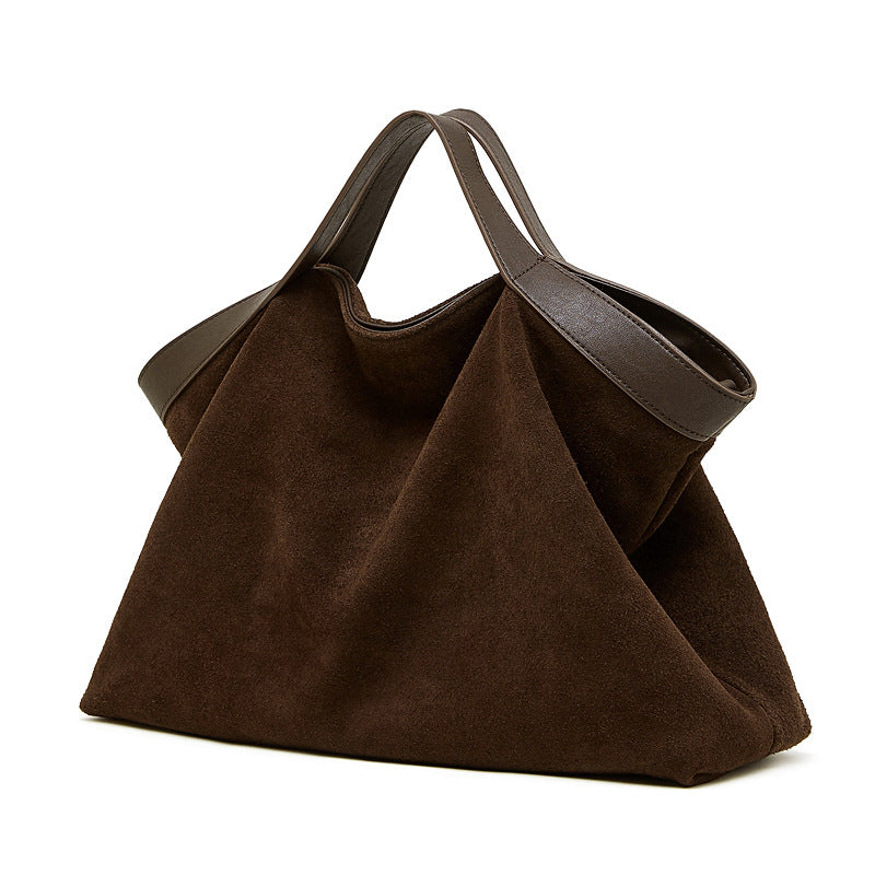 Nubuck cowhide leather crossbody tote bag in coffee color, front view