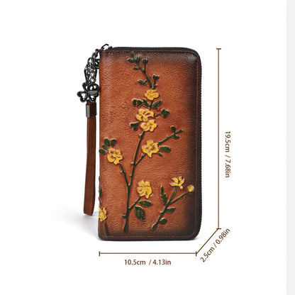 Wallet dimensions shown with floral front and wrist strap