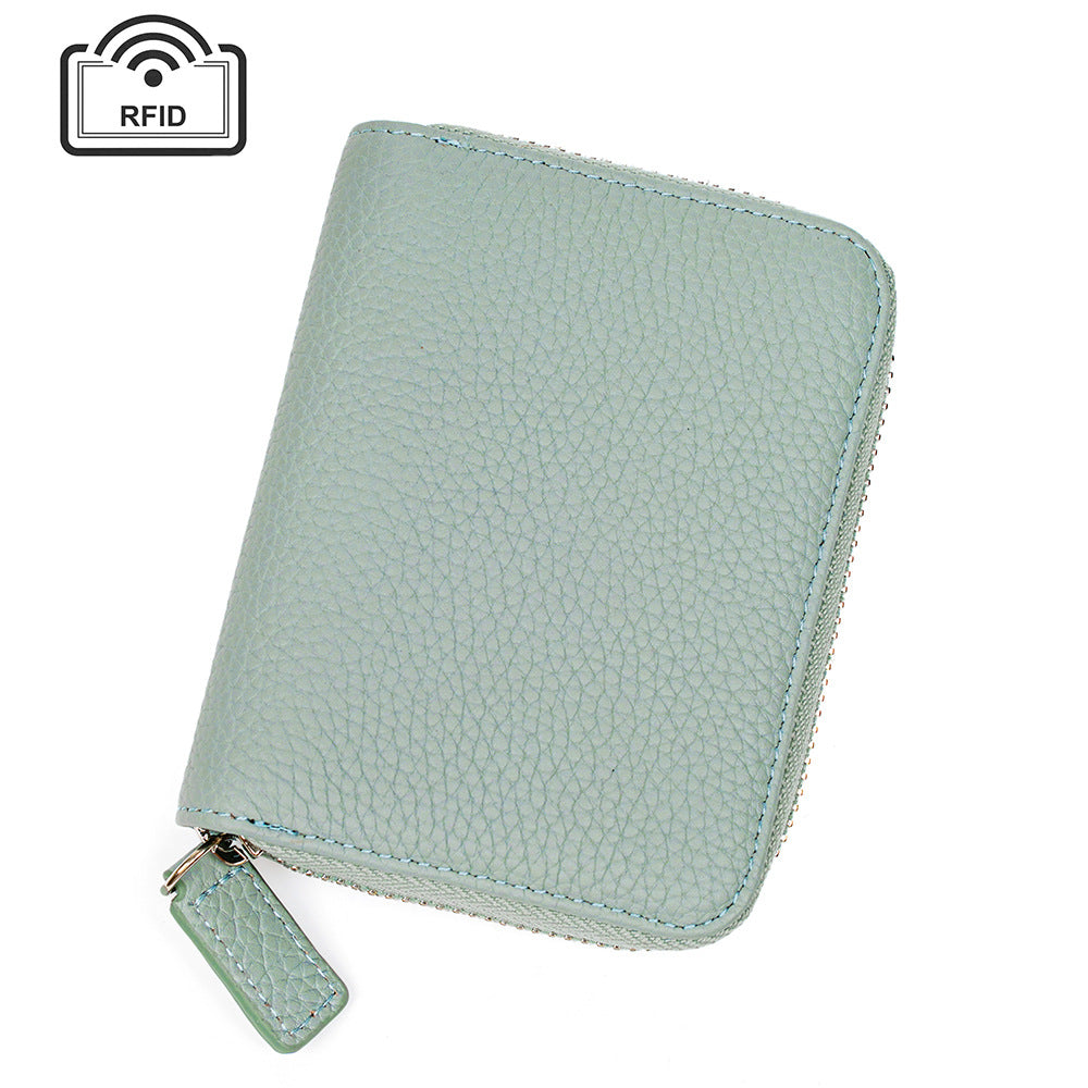 Top-Grain Cowhide Zip Wallet with RFID-Blocking Card Slots in Light Green
