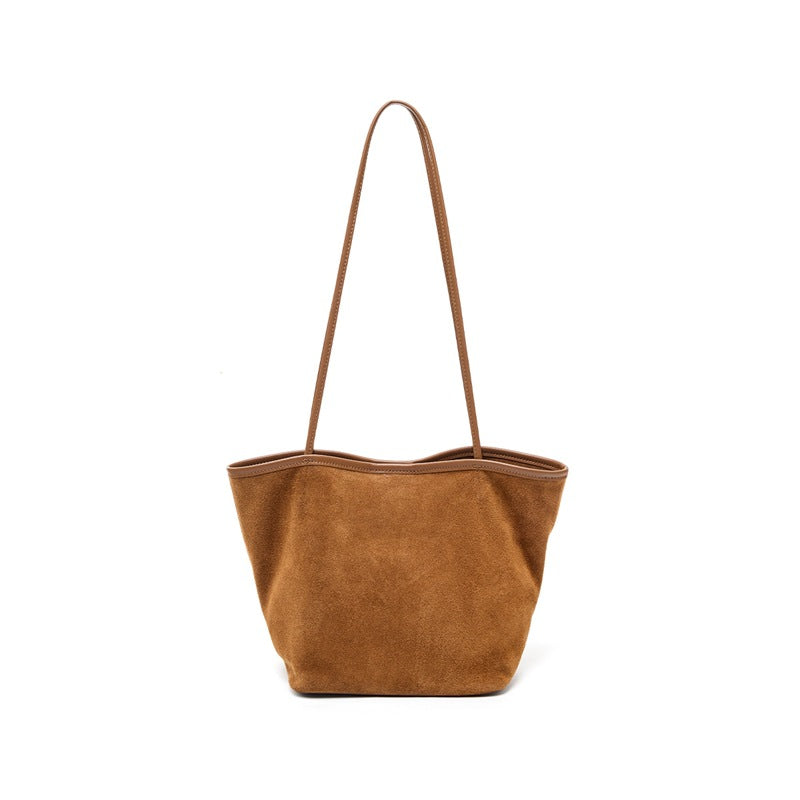 Suede Bucket Tote Bag in Caramel Suede