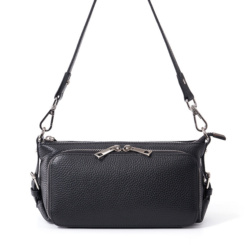 Black leather crossbody bag with front zipper pocket