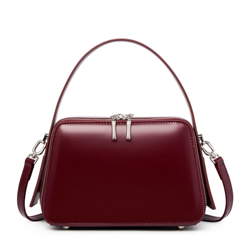 Wine red cowhide leather crossbody bag with top handle and detachable strap