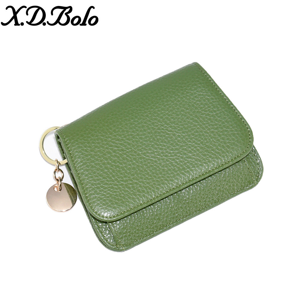 Genuine Leather RFID-Blocking Mini Wallet with Keyring Charm in Round Tag Army Green