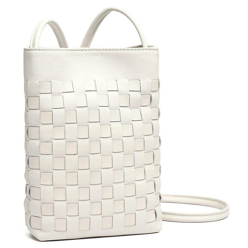Cream white lambskin woven mini crossbody phone bag front view showing hand-woven check pattern