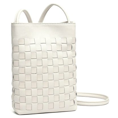 Cream white lambskin woven mini crossbody phone bag front view showing hand-woven check pattern