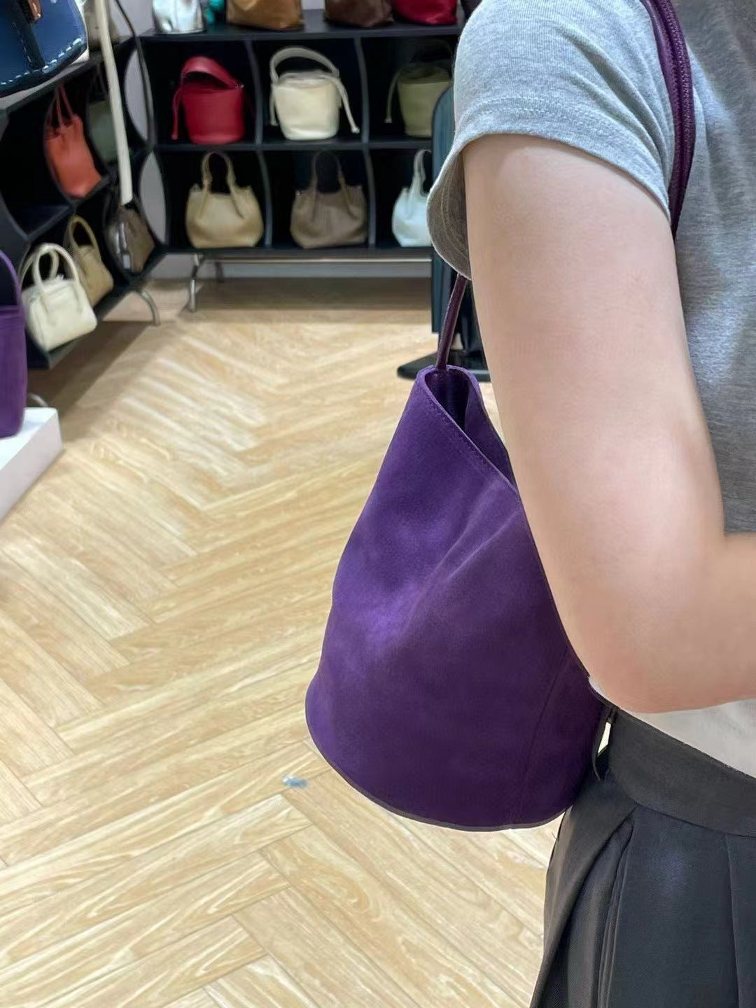 Suede Cowhide Small Bucket Shoulder Bag