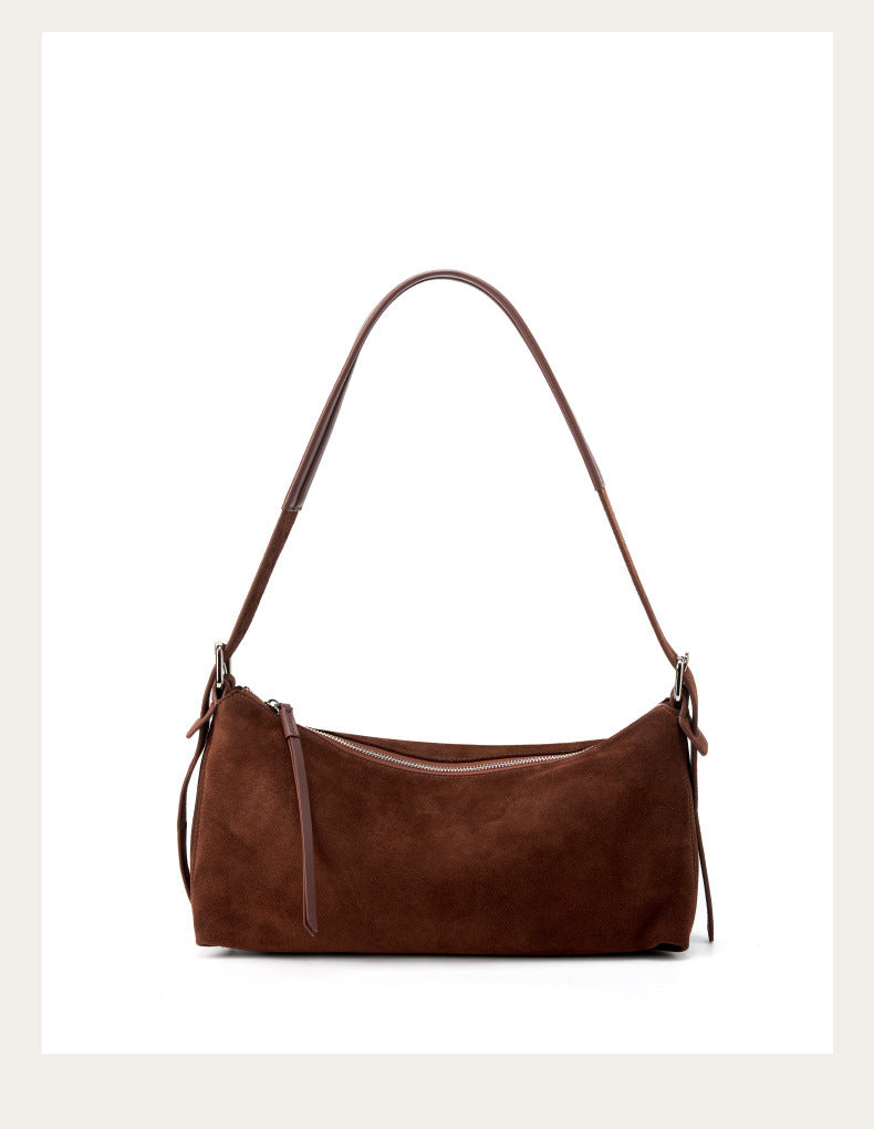 Dark coffee suede shoulder bag with zip-top closure