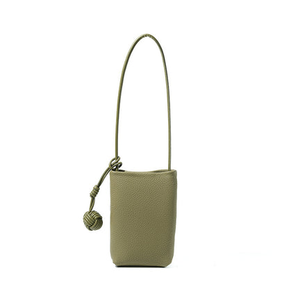 Sage green soft cowhide leather mini bucket phone bag in vertical shape