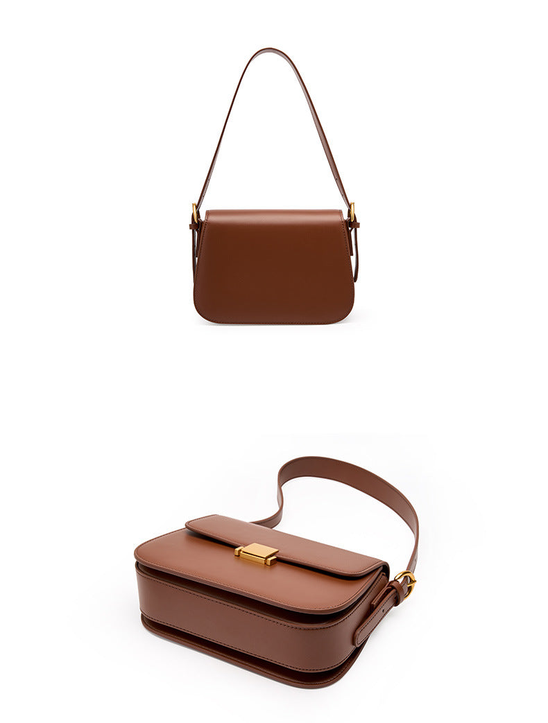 Caramel leather shoulder bag shown from front and three-quarter angle with strap extended