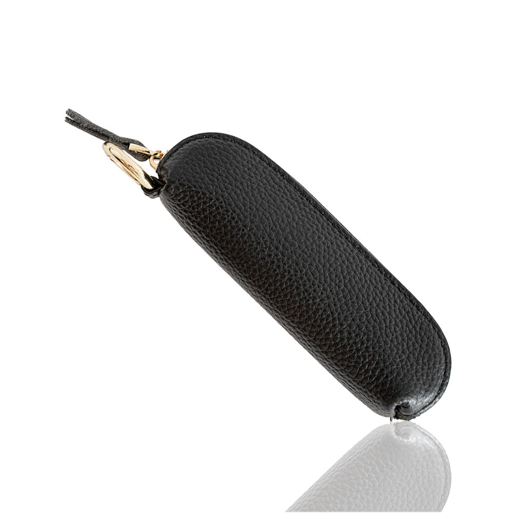 Top-Grain Cowhide Mini Zip Coin Purse with Key Clip in Black