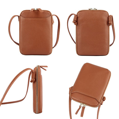 Four views of brown pebbled cowhide phone bag showing front, back, side profile, and top zip
