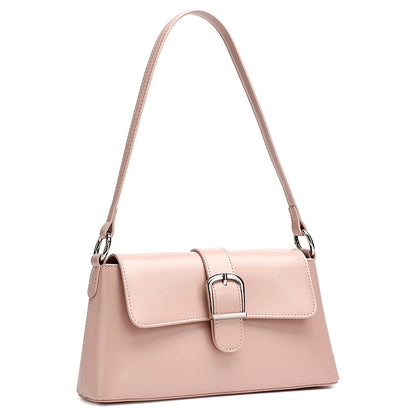 Genuine Leather Baguette Shoulder Bag with Metal Buckle in Pink, 11.0 x 5.5 x 2.8 in