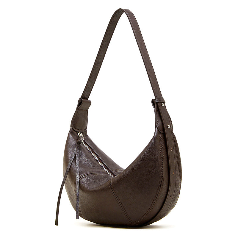 Cowhide Leather Crescent Hobo Crossbody Bag in Coffee