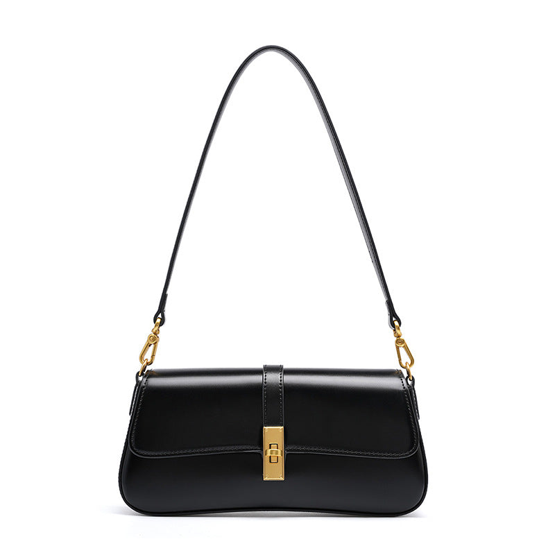 Cowhide Leather Small Shoulder Bag with Turn-Lock Closure in Black