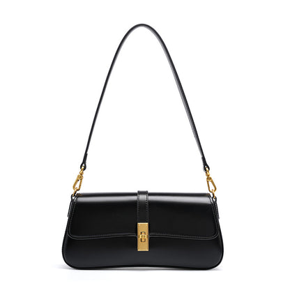 Cowhide Leather Small Shoulder Bag with Turn-Lock Closure in Black