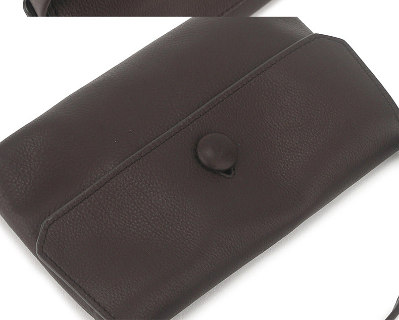 Close-up of the smooth leather flap and button detail