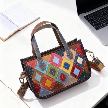 Angled view of colorful diamond patchwork leather bag with shoulder strap