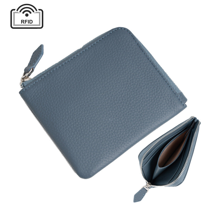 Cowhide Leather Short RFID-Blocking Wallet in Navy Blue