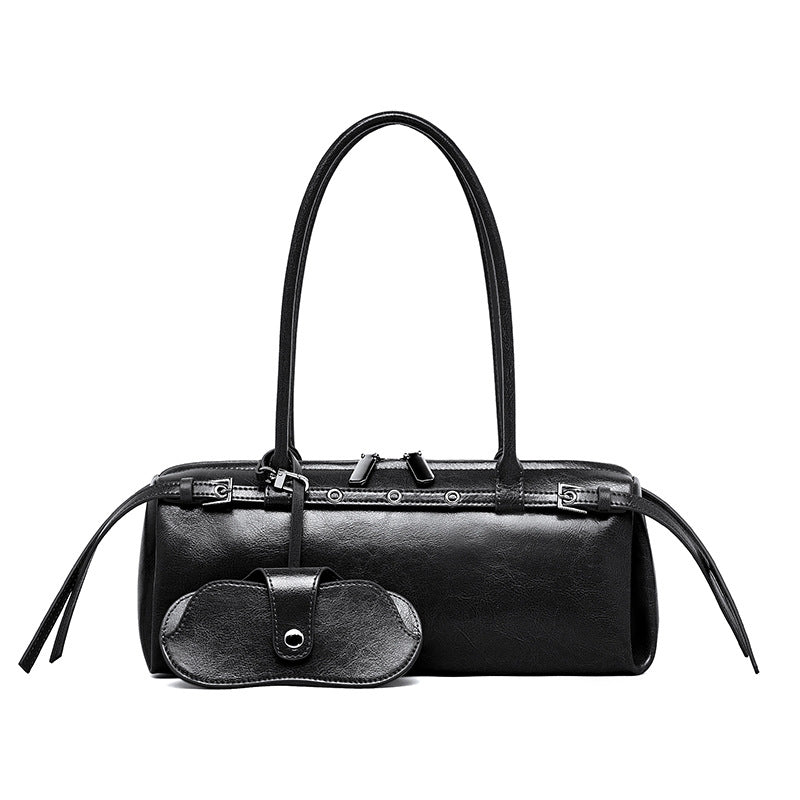 Cowhide Leather Small Barrel Tote with Sunglass Pouch in Black