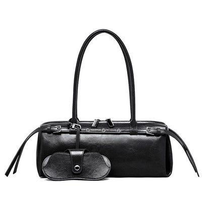 Cowhide Leather Small Barrel Tote with Sunglass Pouch in Black