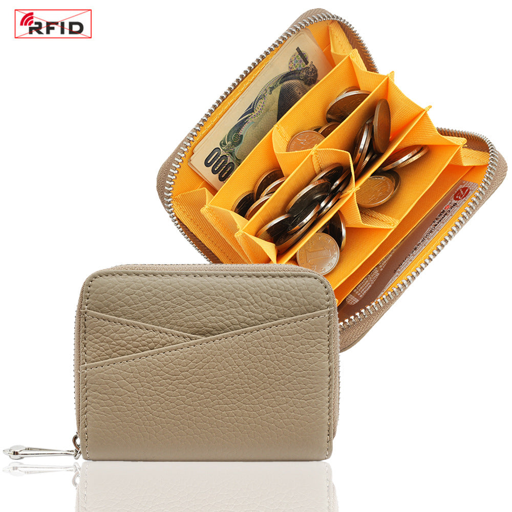 Genuine Leather Coin Purse with RFID Blocking Card Slots in Grey/Apricot