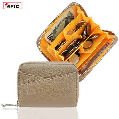 Genuine Leather Coin Purse with RFID Blocking Card Slots in Grey/Apricot