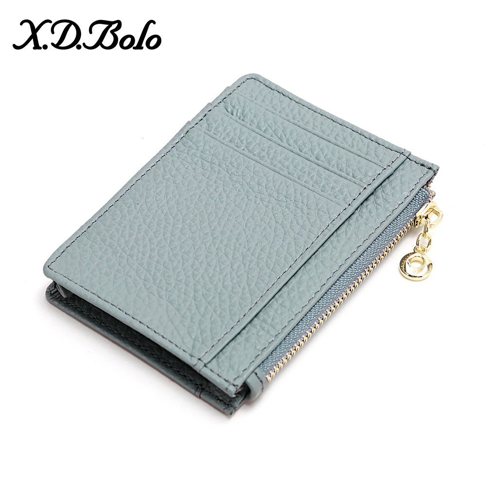 Top-Grain Cowhide Slim Card Holder with Zip Coin Pocket in Linen Blue