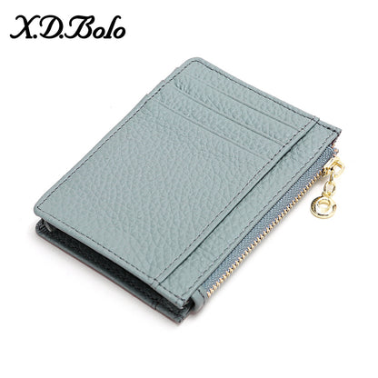 Top-Grain Cowhide Slim Card Holder with Zip Coin Pocket in Linen Blue