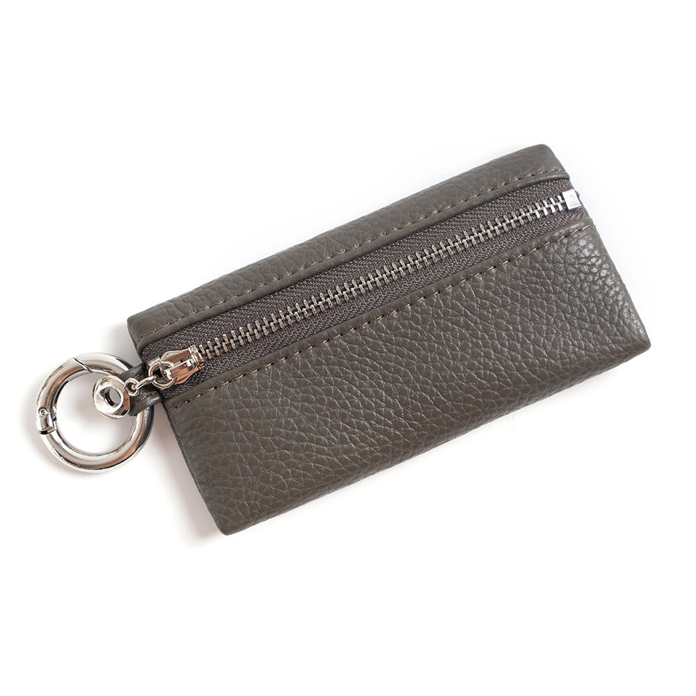 Top-Grain Cowhide Micro Coin Purse Keychain Pouch in Dark Gray