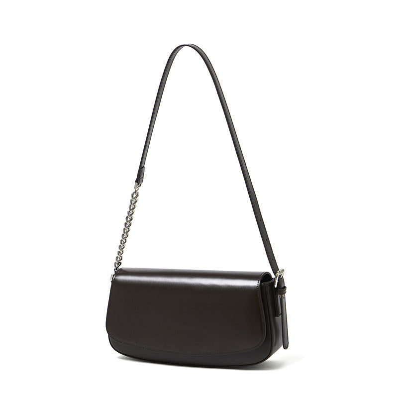 Cowhide Leather Baguette Saddle Shoulder Bag in Coffee
