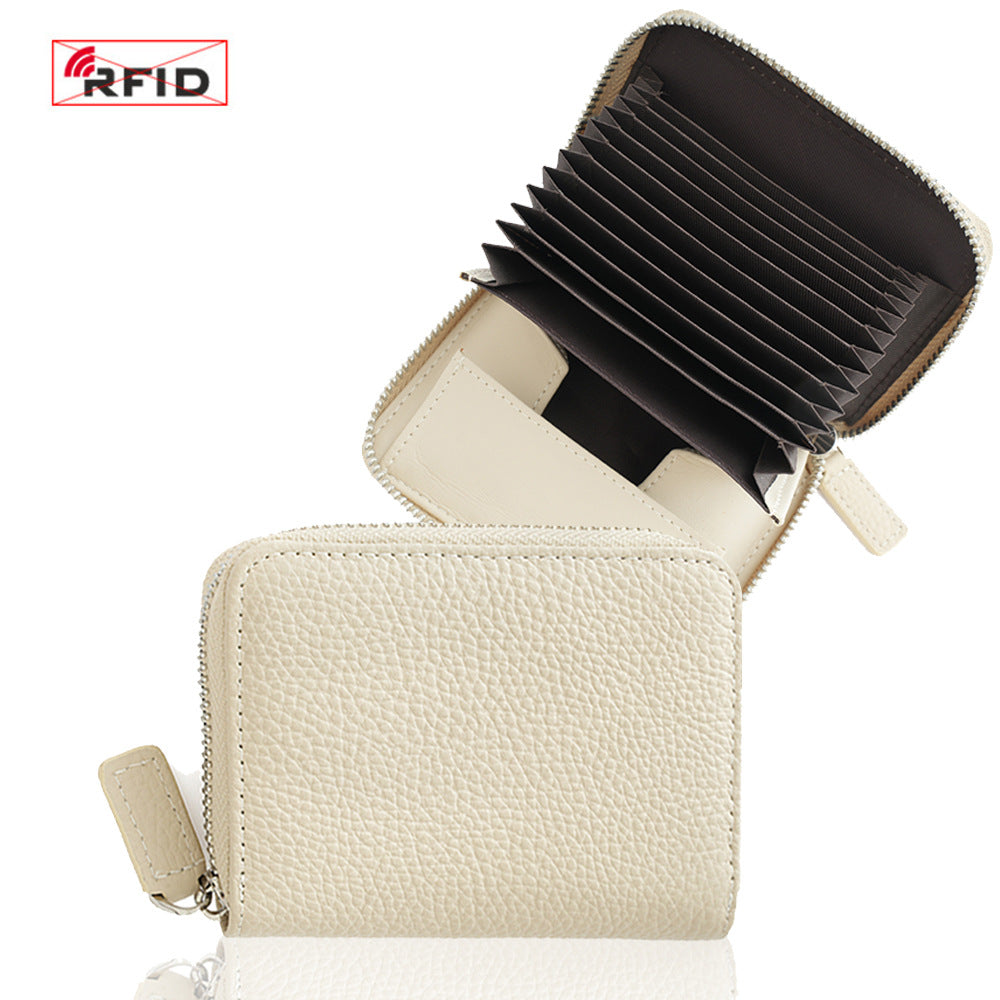 Top-Grain Cowhide Zip Wallet with RFID-Blocking Card Slots in Ivory