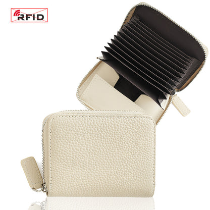Top-Grain Cowhide Zip Wallet with RFID-Blocking Card Slots in Ivory