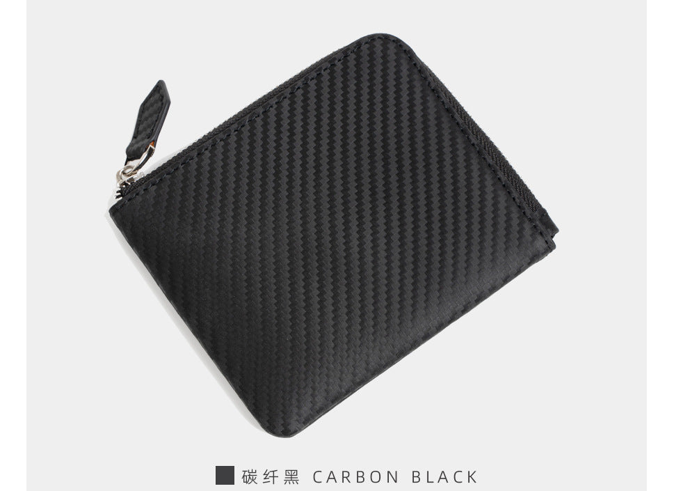 Carbon black textured leather wallet with matching zip tab
