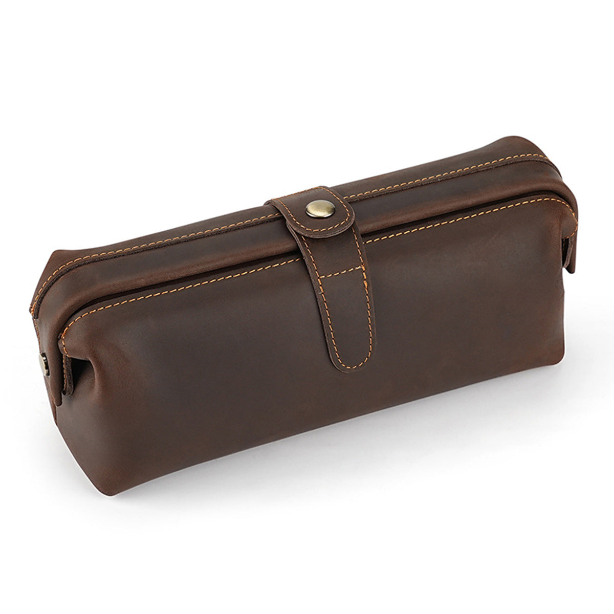 Dark brown leather cosmetic pouch with contrast stitching