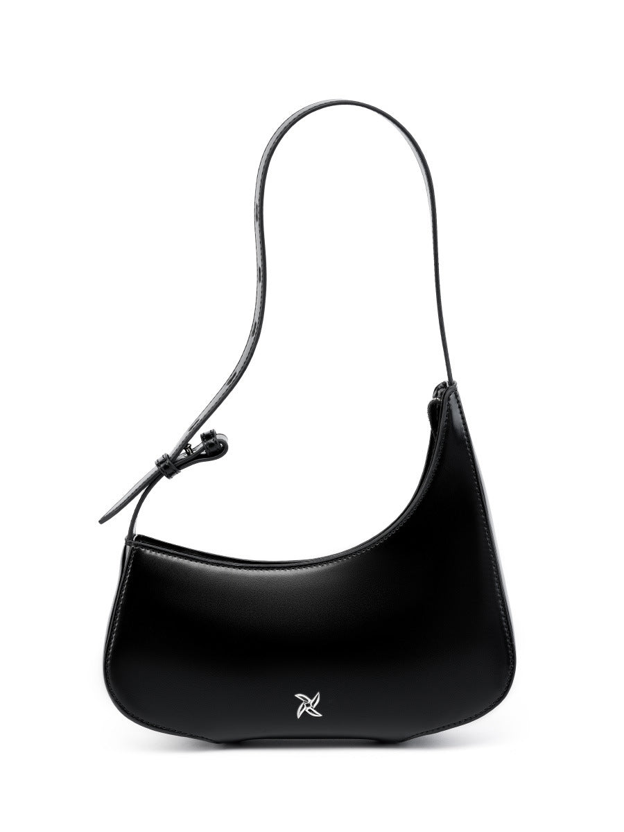 Black leather crescent shoulder bag with adjustable strap and silver logo