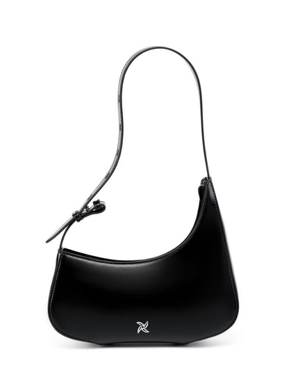 Black leather crescent shoulder bag with adjustable strap and silver logo