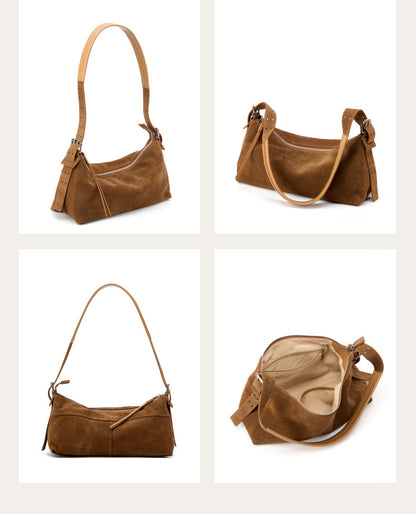 Front and angled views of the caramel shoulder bag