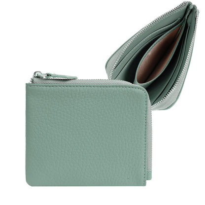 Light grey pebbled cowhide leather wallet with zip-around closure and card slots